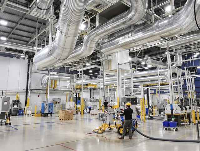 Stoneham Air Duct Cleaning team performing comprehensive industrial duct cleaning at a large facility in Stoneham